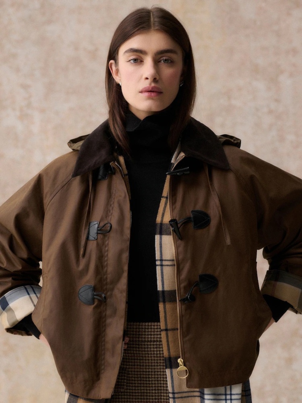 Barbour Myra Waxed Cotton Duffle Coat - Bark / Hessian Tartan